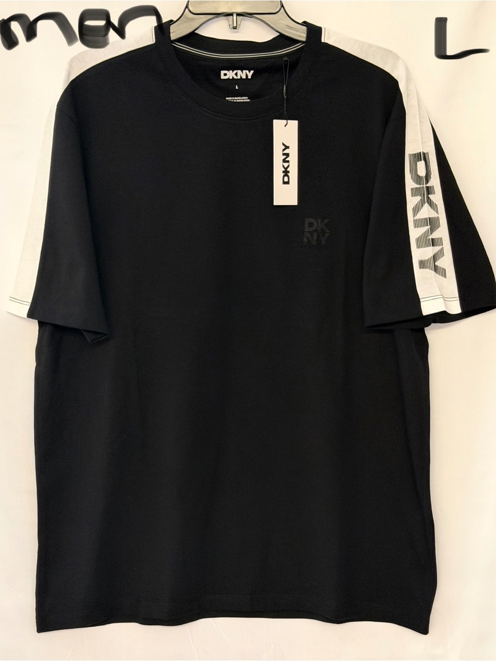 DKNY Black Tee with White Sleeve Panels and Logo Stripe